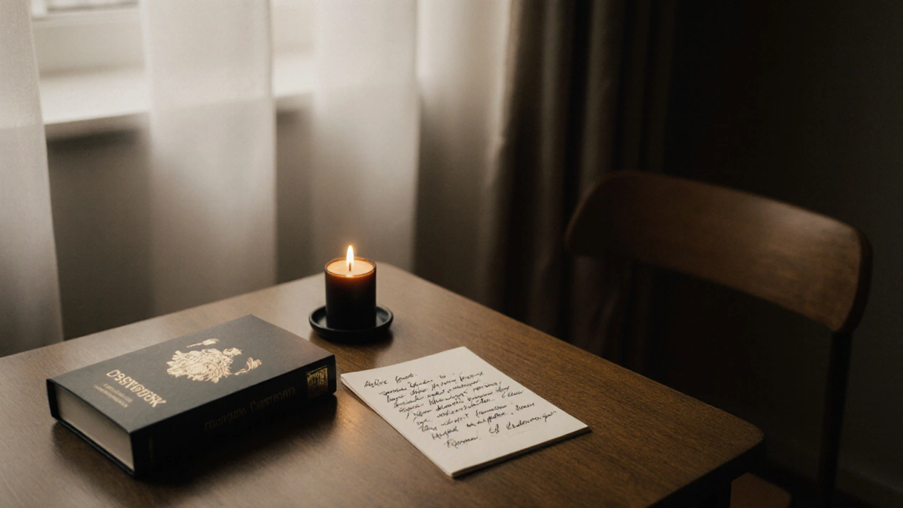 A handwritten note and Russian chocolates left on a table with a book and flickering candle.