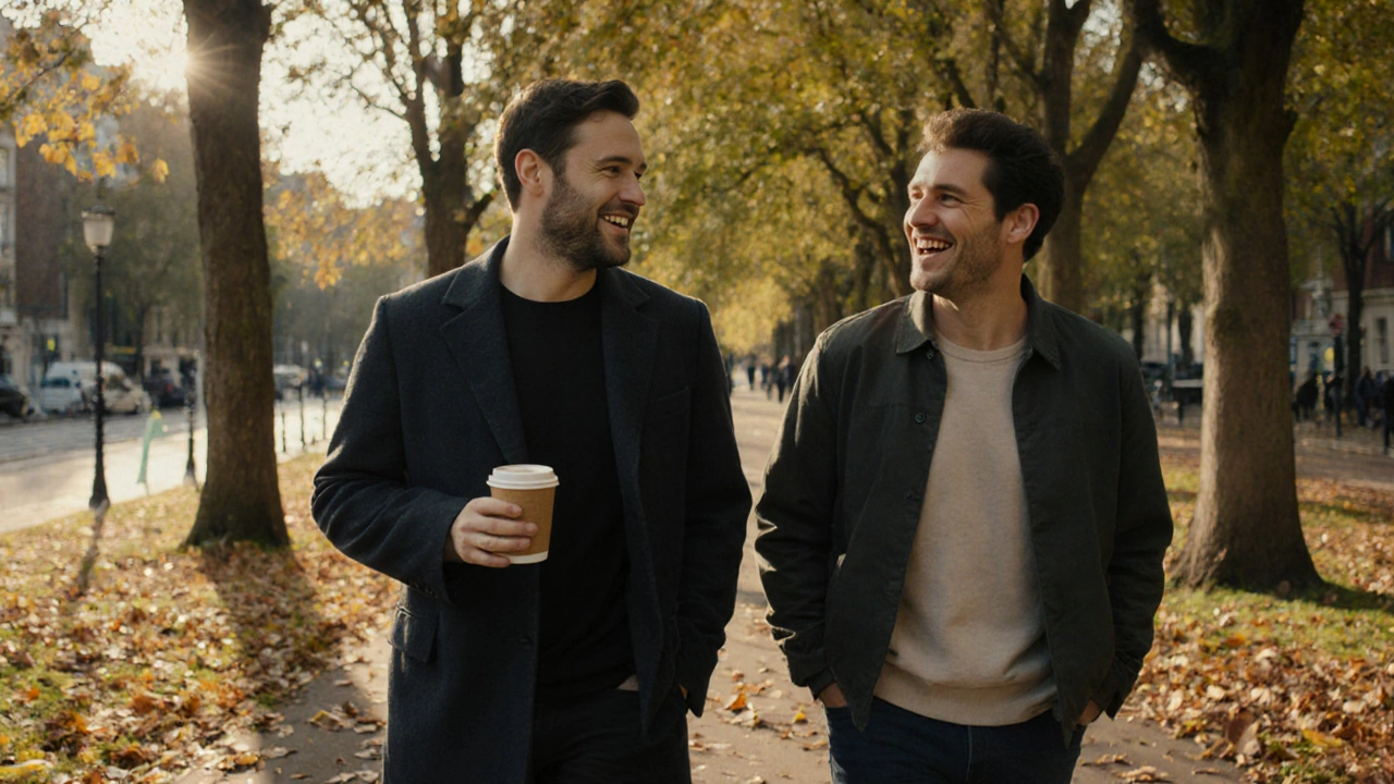 A man and escort walking peacefully through a London park in autumn, enjoying quiet companionship.