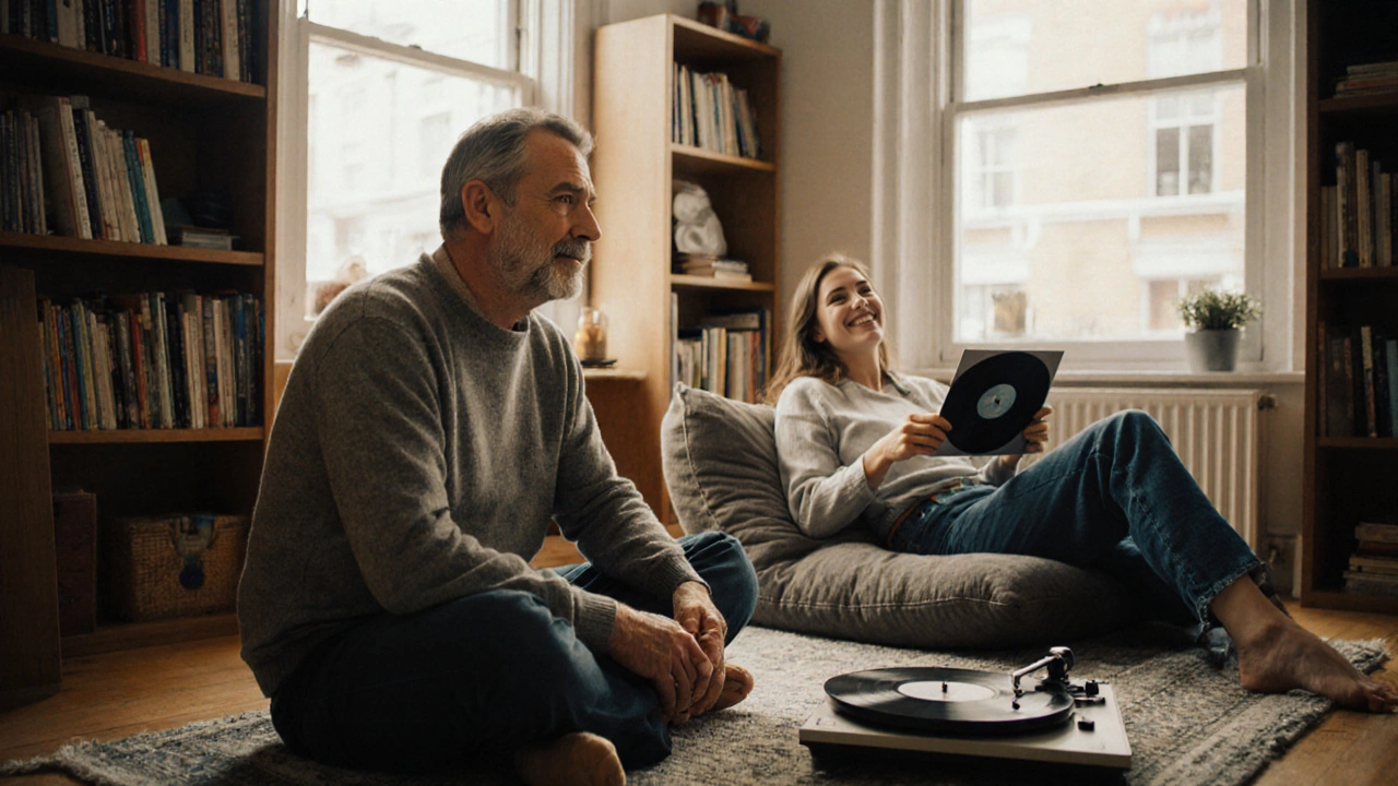 A man and woman listening to vinyl together in a book-filled flat, calm and connected.