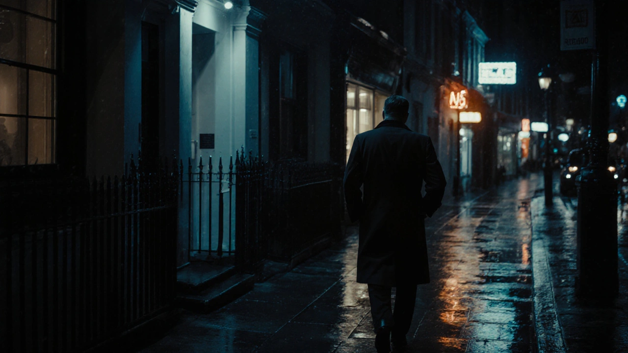 A man walking away from a discreet London townhouse at night, silhouette against rainy streetlights.