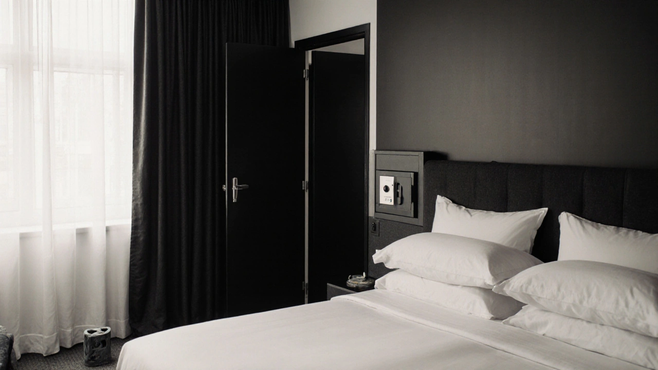 A minimalist hotel room with blackout curtains, an open safe, and a door stopper under the threshold.