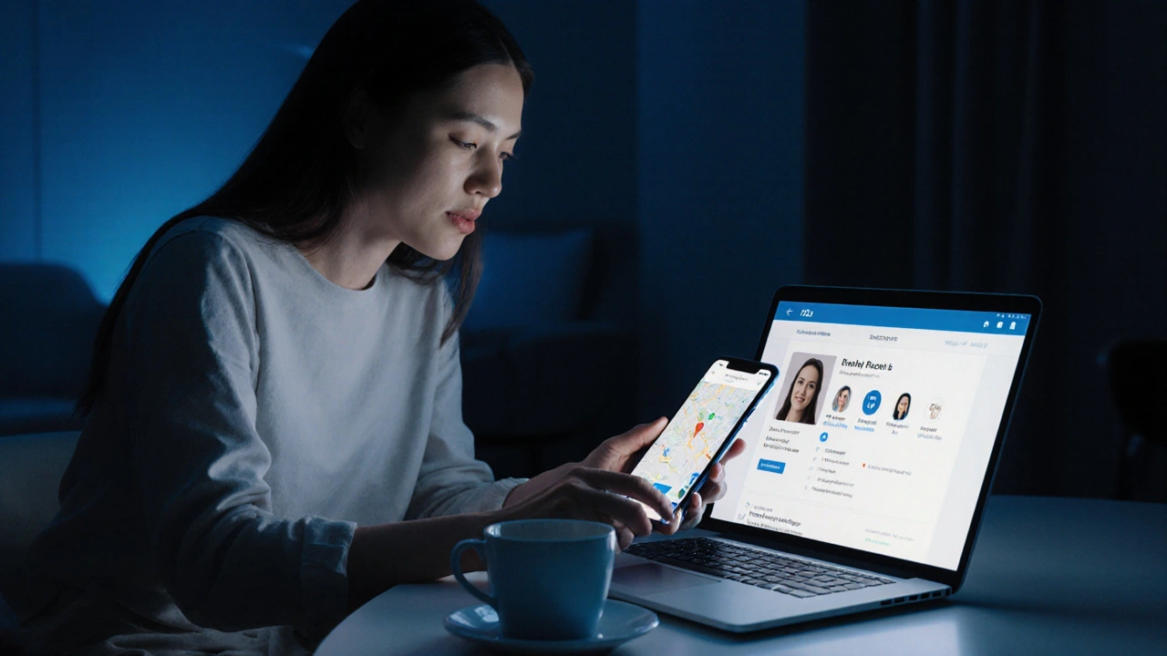 A modern woman works on her laptop in a London apartment, displaying a secure escort profile with safety features visible.