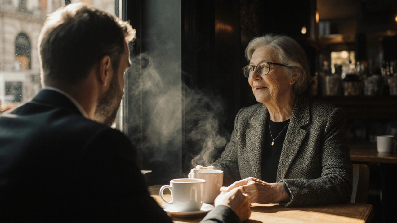 A nervous man and mature woman meeting for coffee in a London café, exchanging warm eye contact.