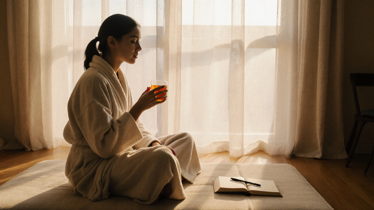 A person sitting quietly after a massage, wrapped in a robe, drinking tea in soft light.