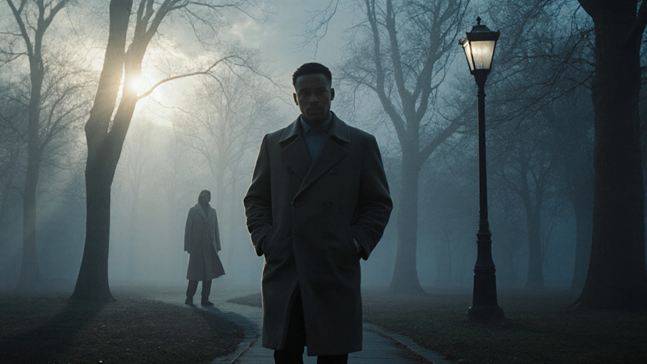 A person walks alone in a misty park at dawn, with a distant figure offering silent presence.