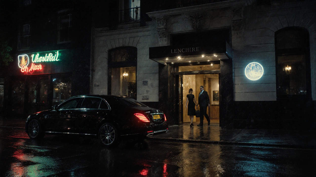 A private car arrives at a hotel entrance at night as two people enter separately, no faces visible.
