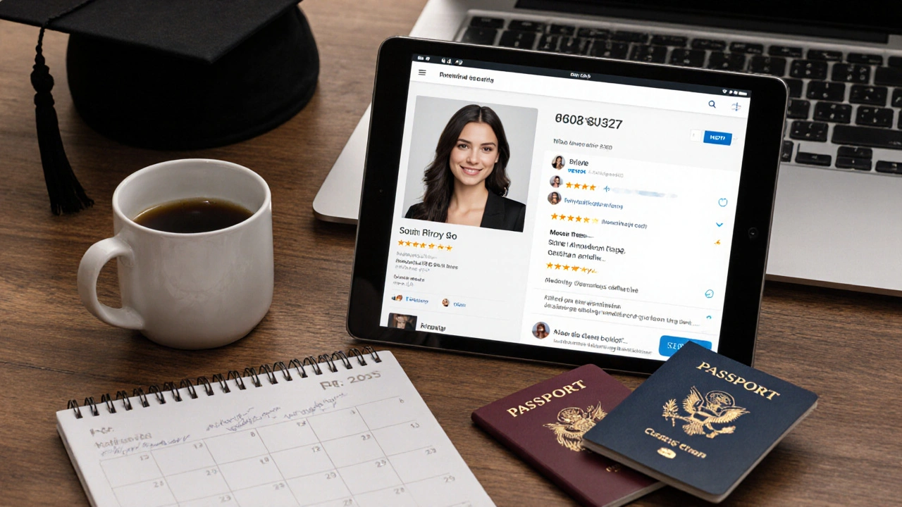 A professional escort&#039;s workspace with symbols of independence: books, travel items, and reviews.