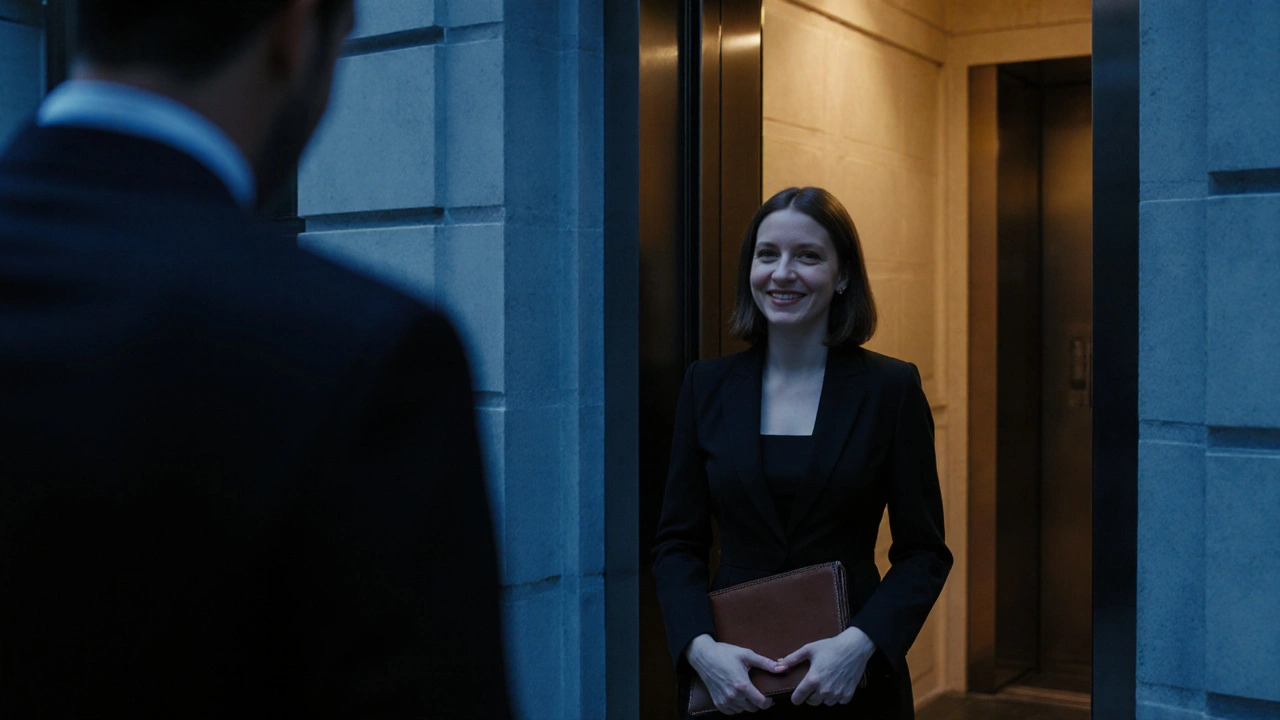 A professional escort greeting a client at a high-end hotel, radiating poise and mutual respect.