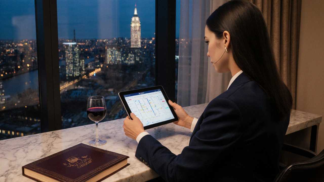 A professional female companion reviewing travel details in a luxury hotel suite with a view of London&#039;s skyline.