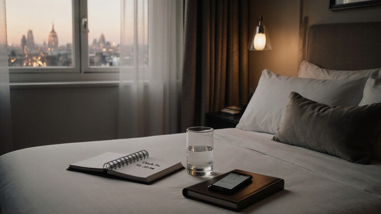 A quiet, empty luxury apartment in London with a smartphone and planner on the bed, suggesting a scheduled meeting.