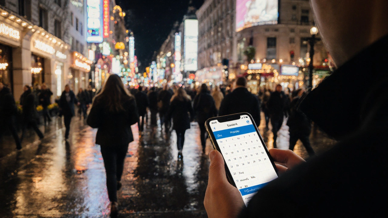 A rainy Friday night in Central London with crowded streets and a person checking a fully booked calendar.