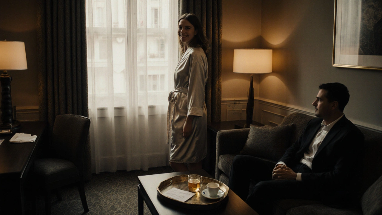 A respectful, quiet moment between two people in a boutique hotel room, conveying connection without explicit content.