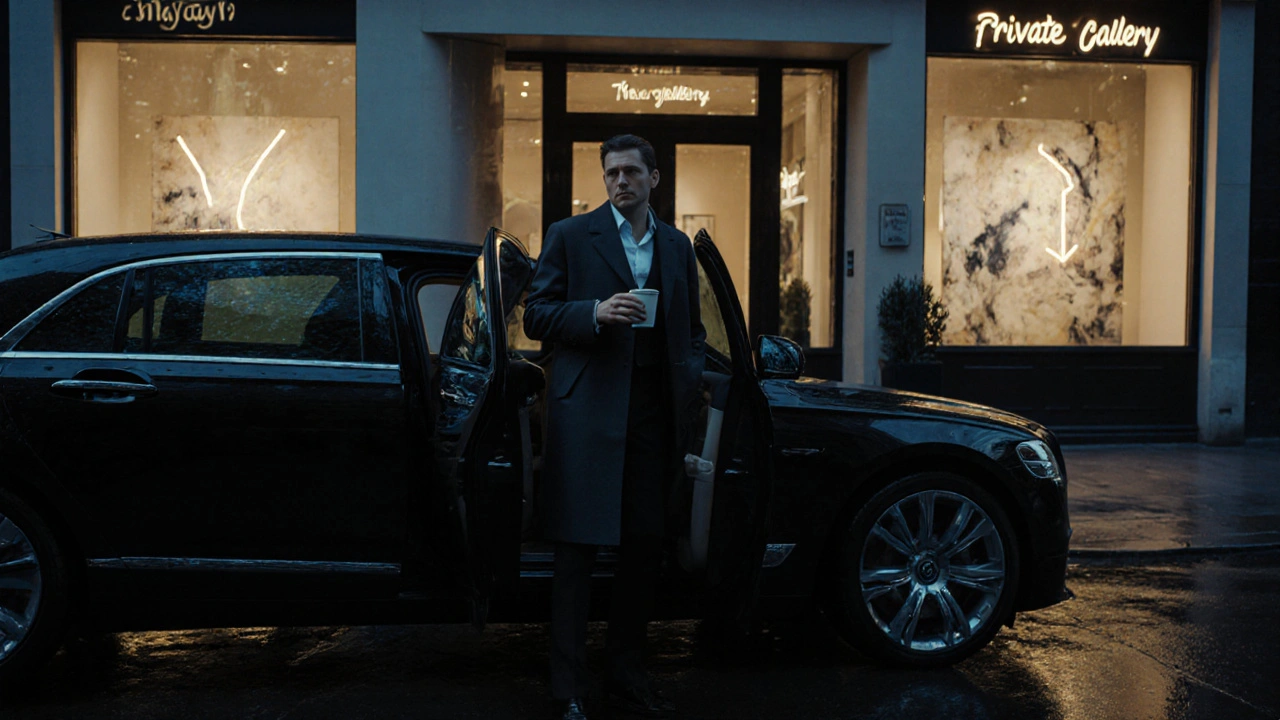 A sophisticated escort stepping out of a luxury car beside a private art gallery at dusk.