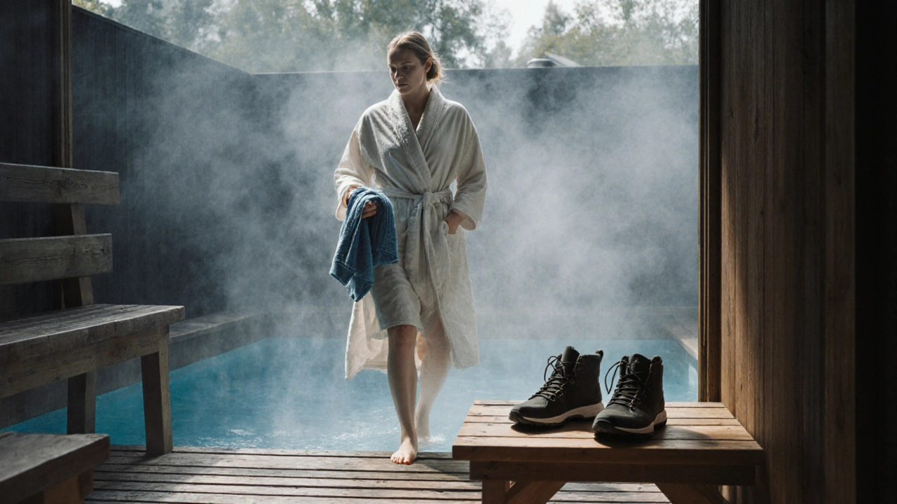 A strong, natural woman stepping from a sauna into a serene spa courtyard, towel in hand.