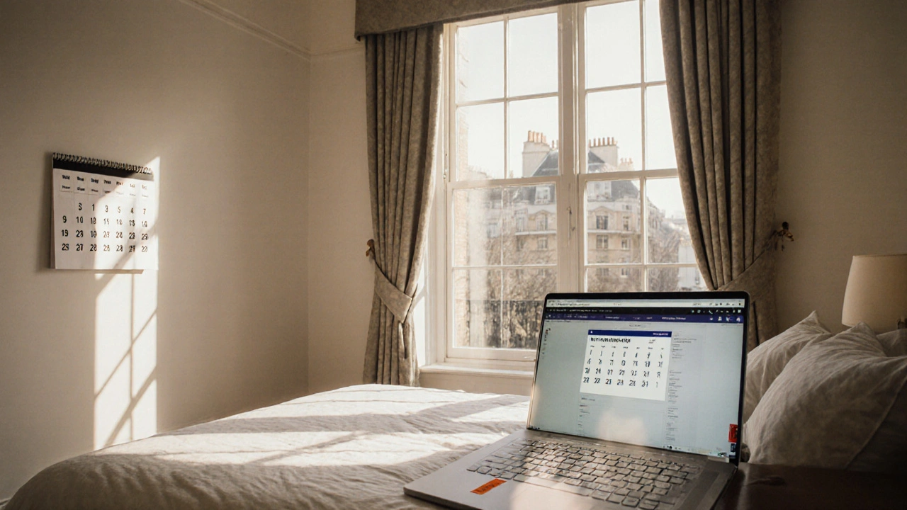 A sunlit, empty apartment in January with a laptop showing an available escort listing.