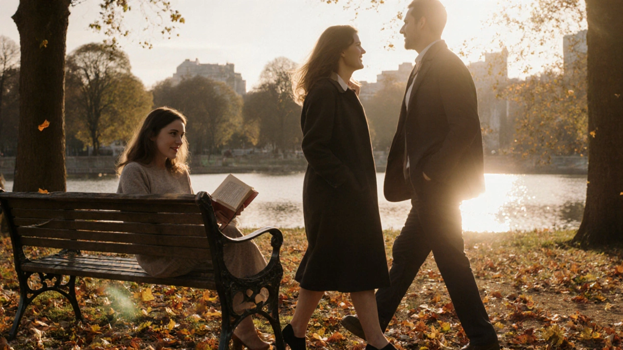 A woman and client walking peacefully together on a park bench in autumn.