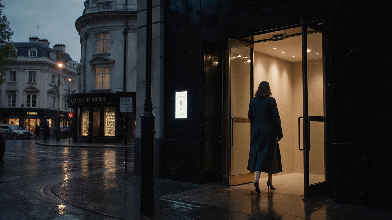 A woman exits a discreet luxury apartment lobby in Knightsbridge, rain-slicked street and upscale buildings behind her.