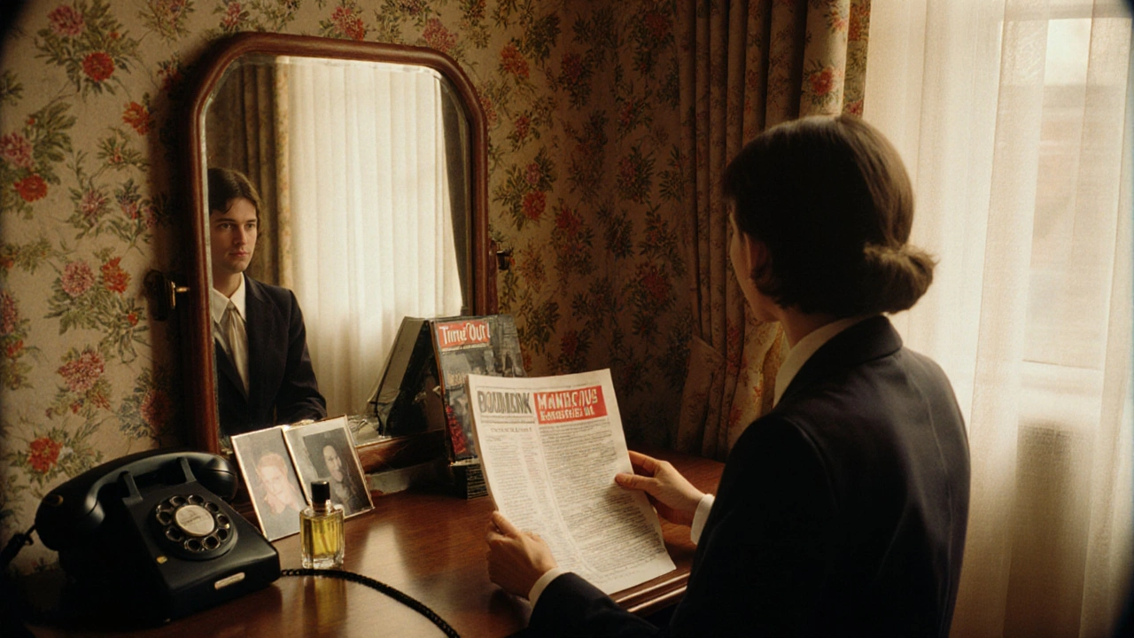 A woman in 1970s attire reviews classified ads in her London flat, with a rotary phone and photos nearby.