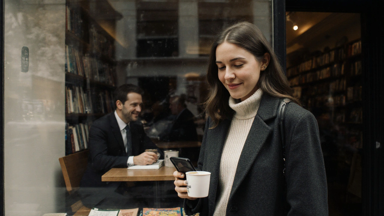 A woman outside a bookstore, smiling at a message, reflecting a moment of quiet human connection.