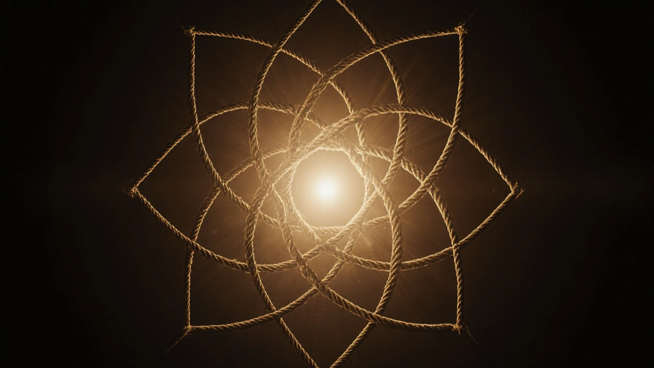 An abstract mandala of glowing ropes symbolizing trust and surrender in darkness.