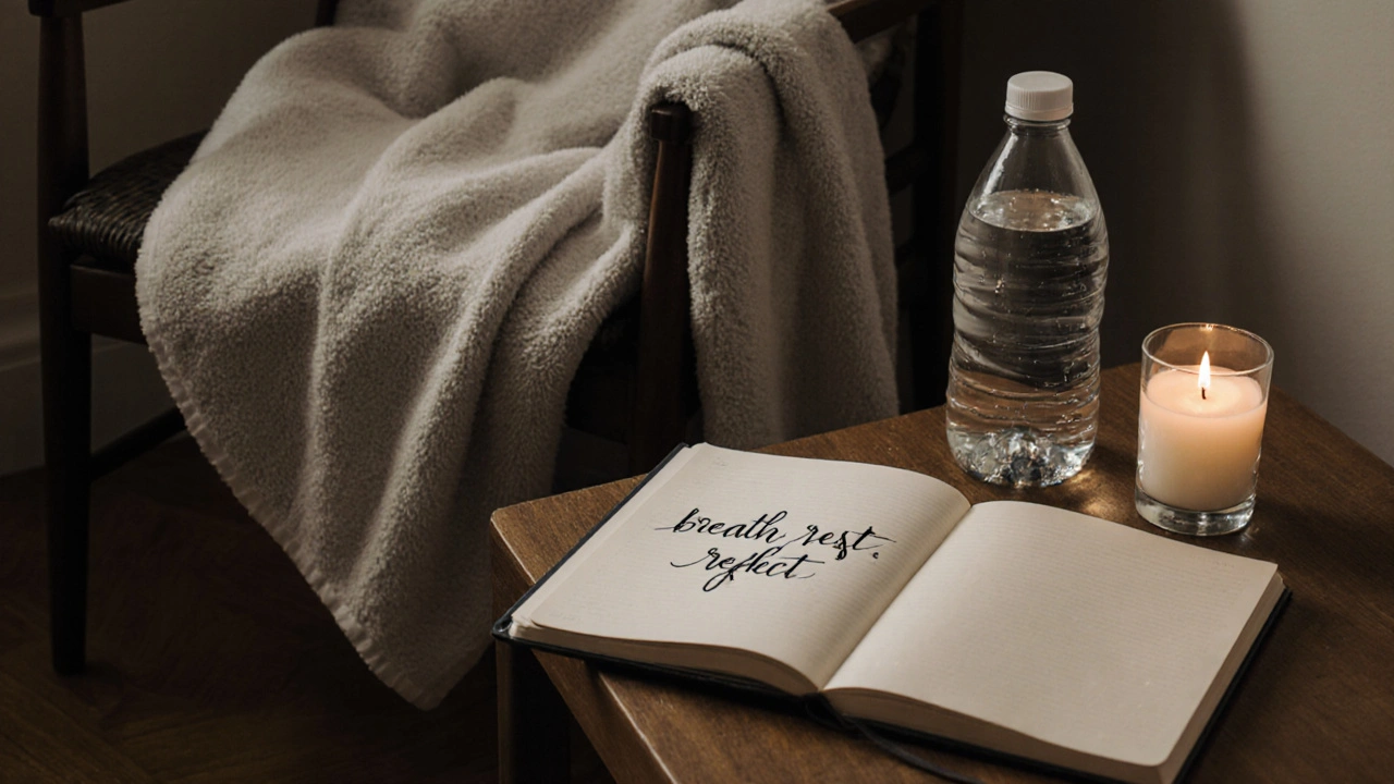 An empty aftercare space with water, journal, and candle suggesting emotional recovery.