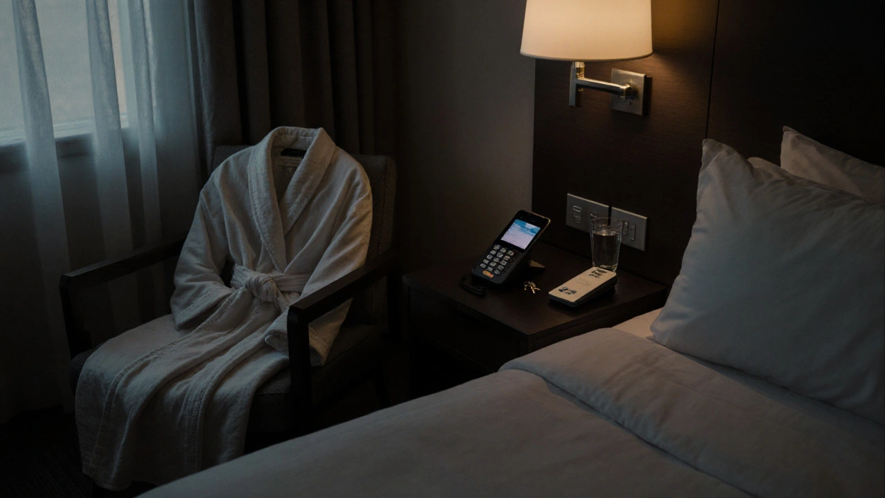 An empty hotel room with subtle signs of a private, intimate encounter, emphasizing discretion and care.