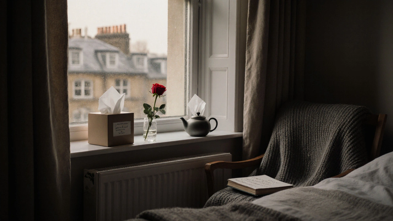 An empty room with a red rose on the windowsill, tissues, and a teapot, morning light streaming in.