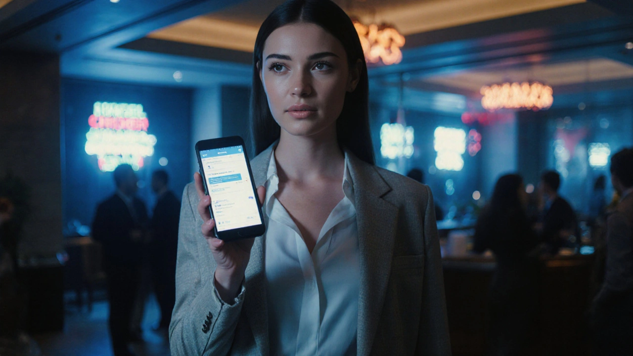 An independent escort in a boutique hotel lobby using an encrypted messaging app.