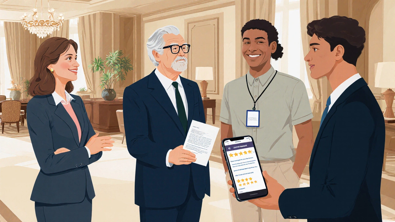 Diverse clients meeting respectfully with an escort in a boutique hotel lobby.