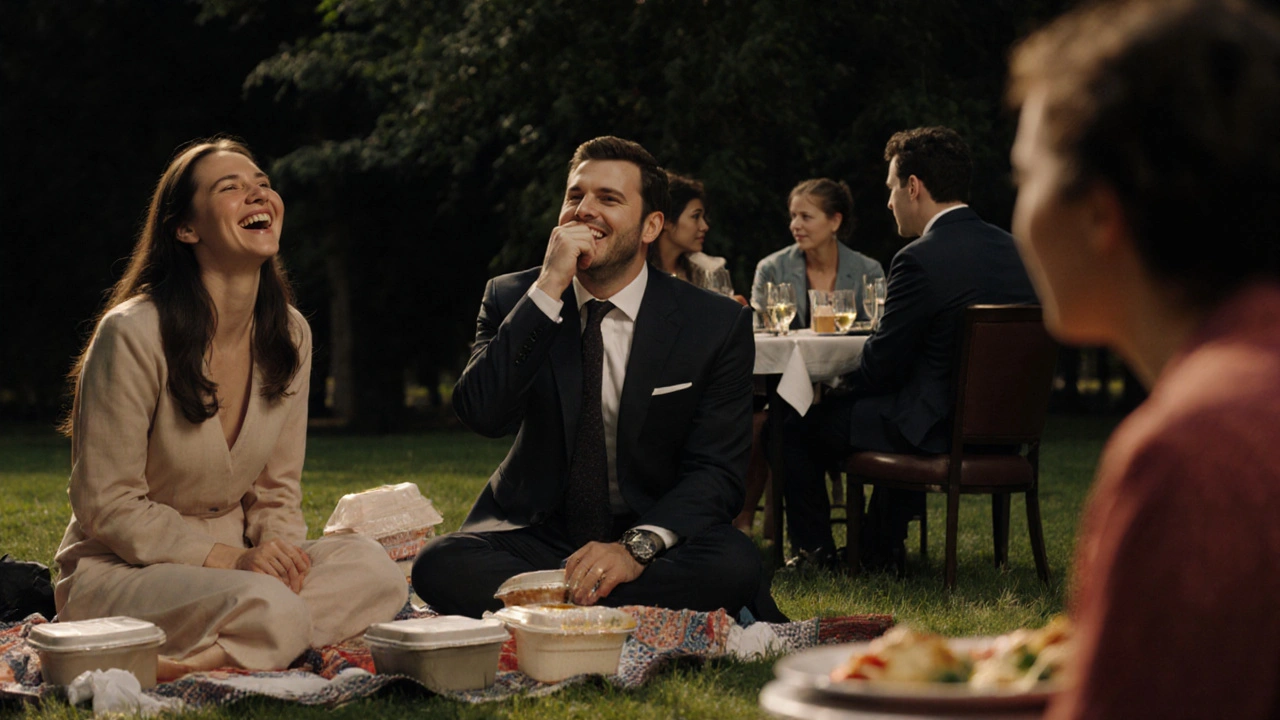 Diverse individuals enjoying dinner dates in various London settings — picnic, restaurant, bistro.