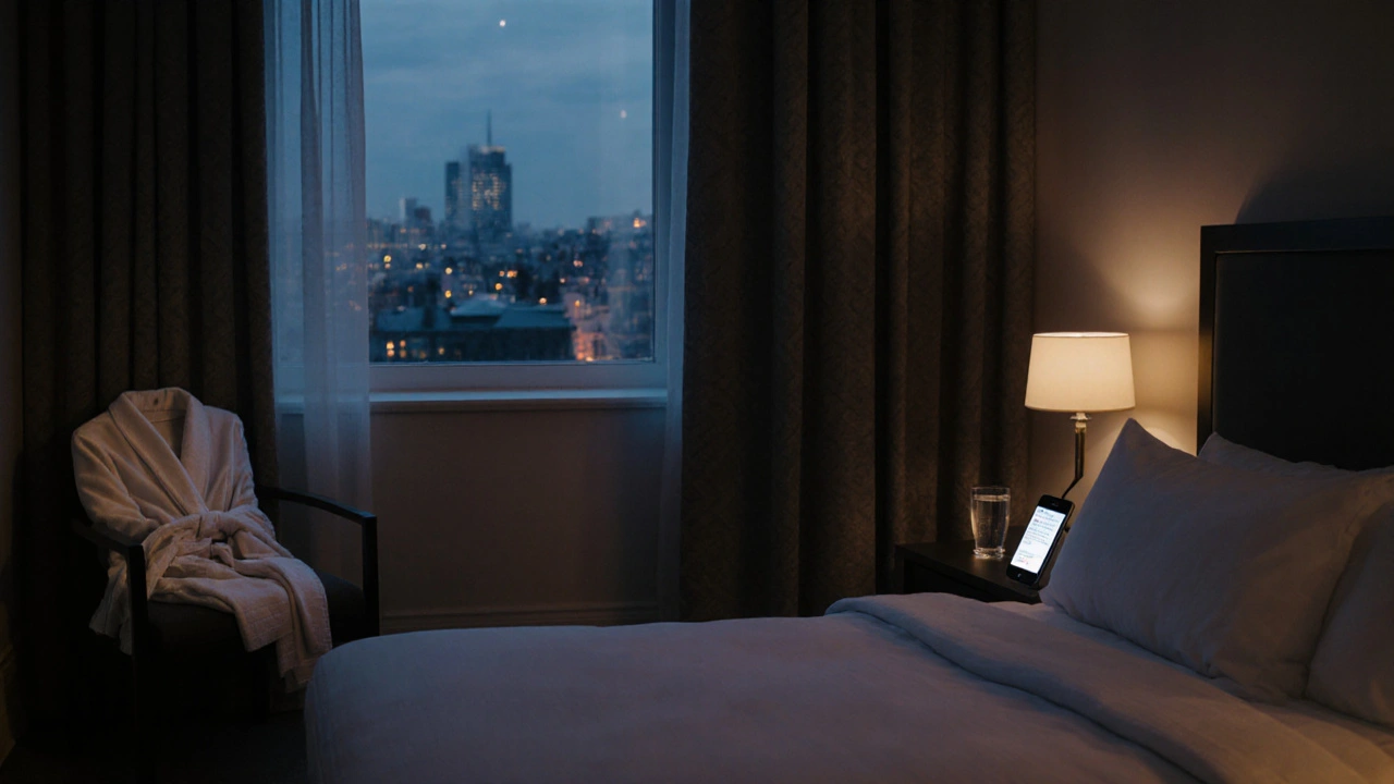 Empty serene bedroom in a London rental, symbolizing private, safe work space with digital payment visible.