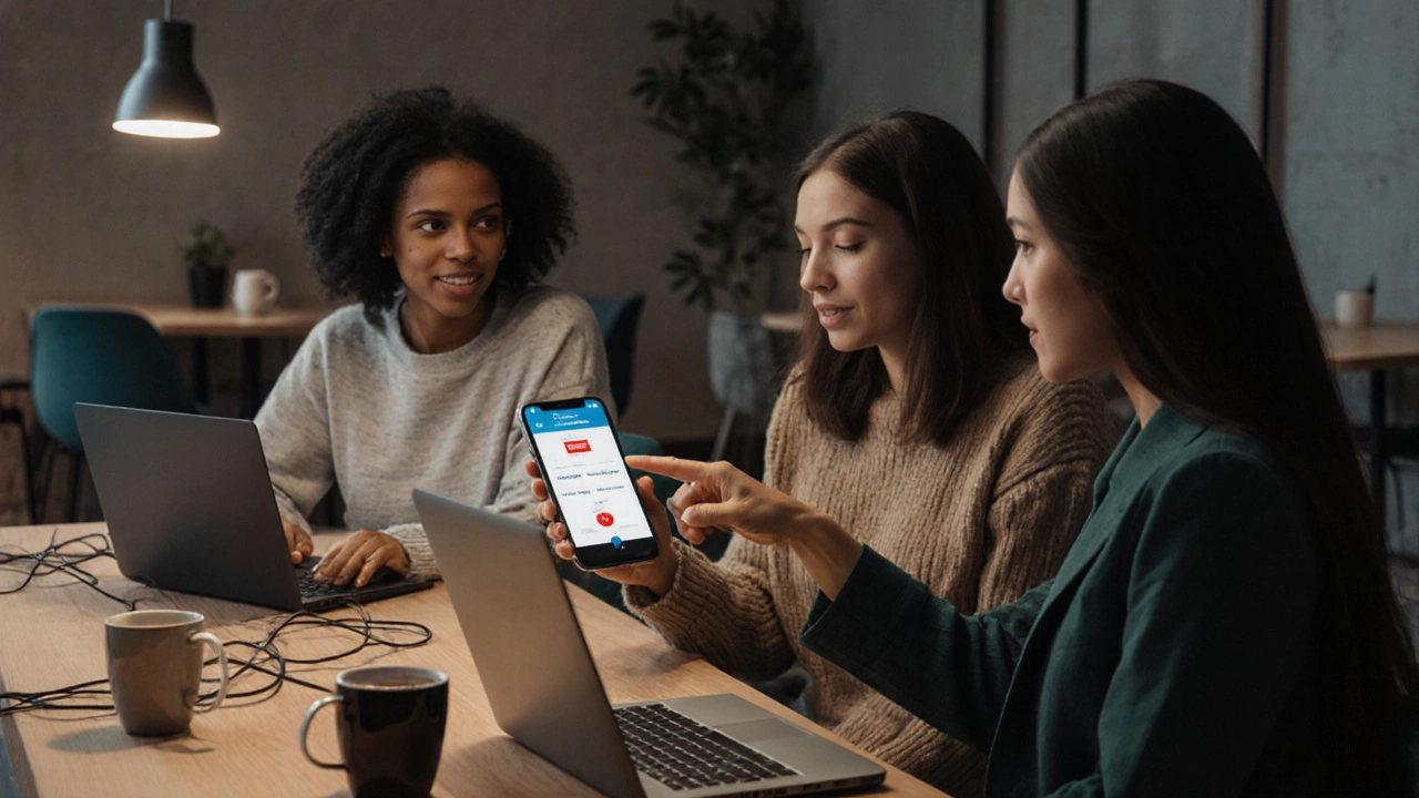 Independent female escorts collaborating in a shared workspace, discussing safety and logistics.