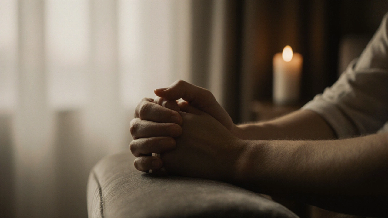 Intertwined hands on a velvet armrest in a peaceful bedroom, conveying intimacy without faces or sexual context.