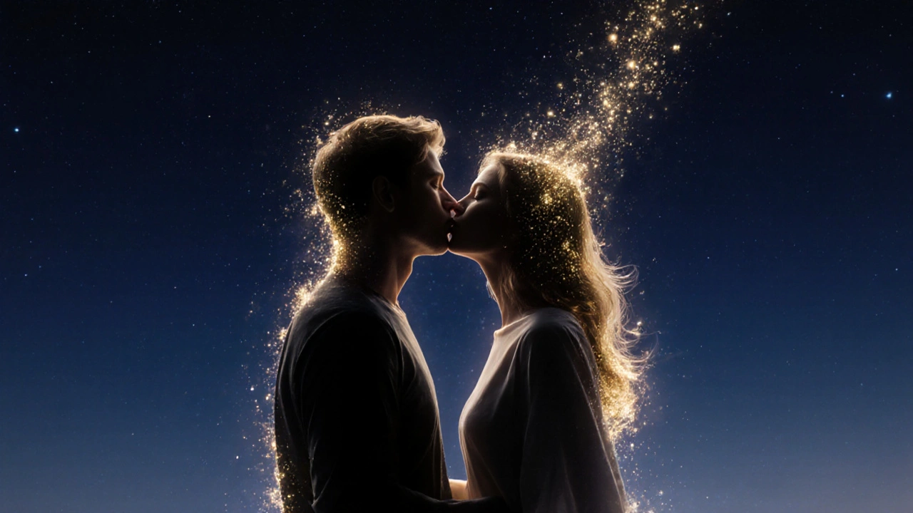 Silhouettes merging into golden light during a kiss, symbolizing emotional connection as a glowing aura.