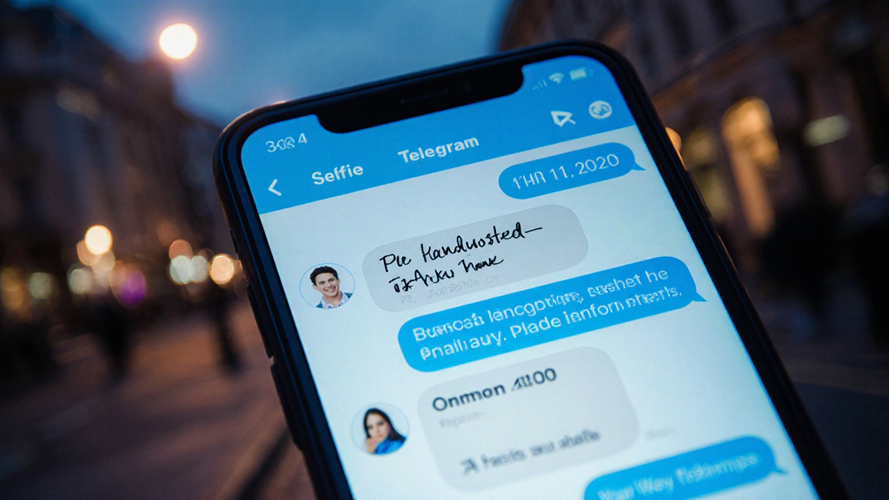 Smartphone screen showing an encrypted Telegram chat with client ID verification and automated responses, set against a blurred London street.