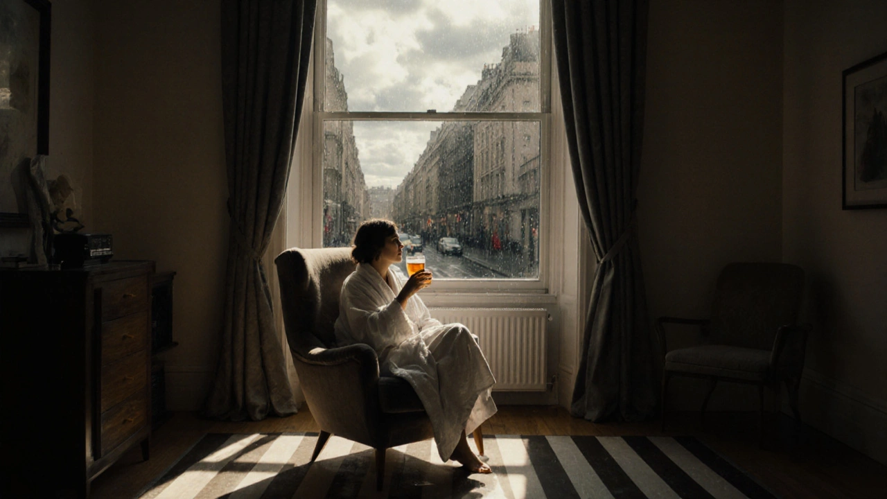 Someone sitting quietly after a session, sipping tea by a rainy window in a serene apartment.