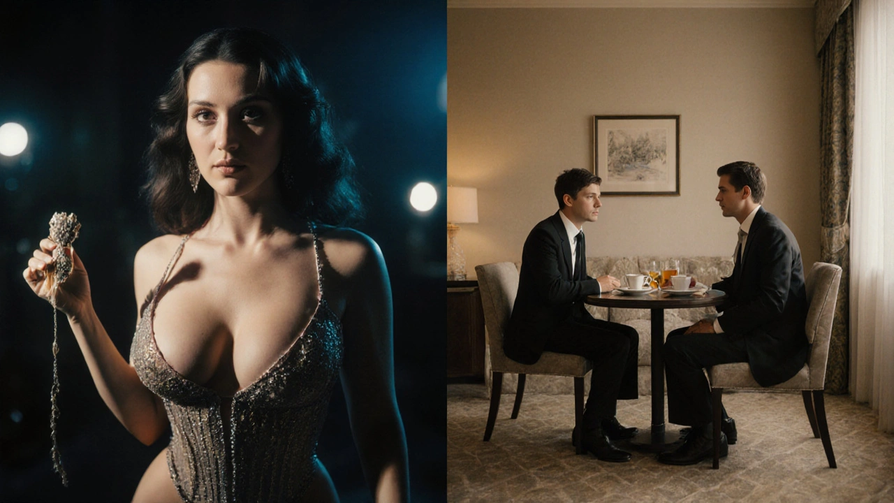 Split image contrasting cinematic porn fantasy with a calm, real-life professional meeting in a hotel room.