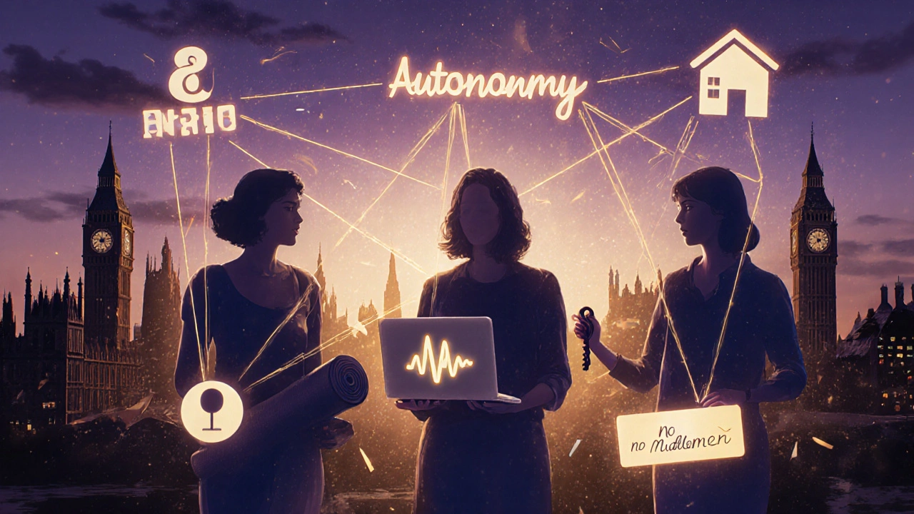 Three women silhouetted against London’s skyline, connected by golden threads symbolizing independence.