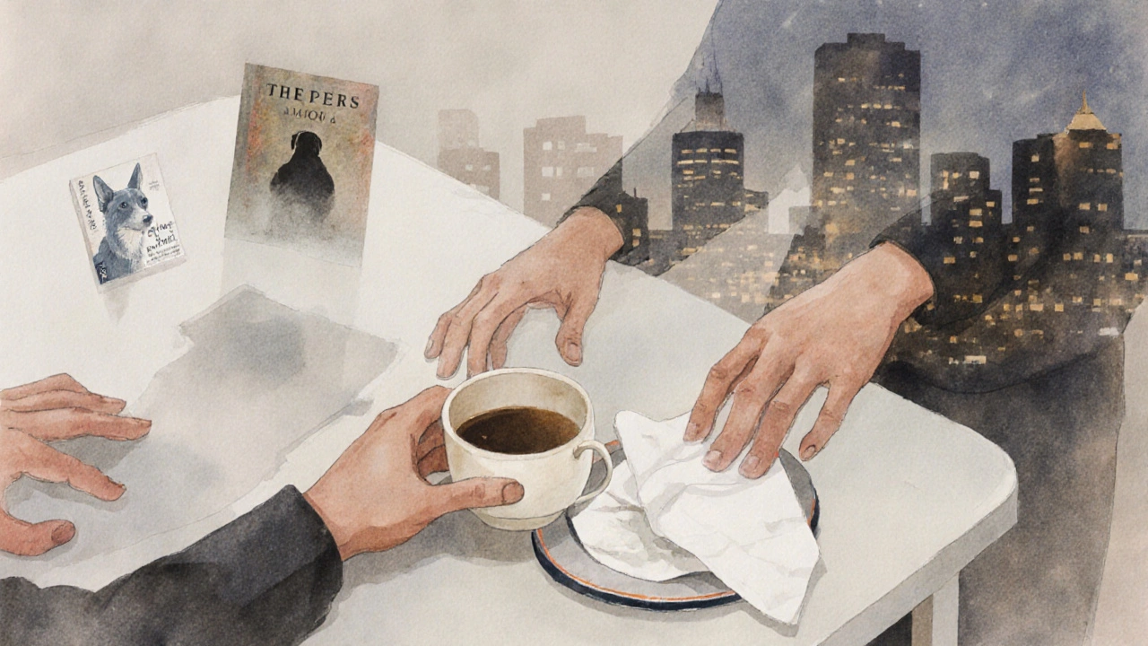 Two hands at a dinner table with faint memories floating around, symbolizing emotional connection.