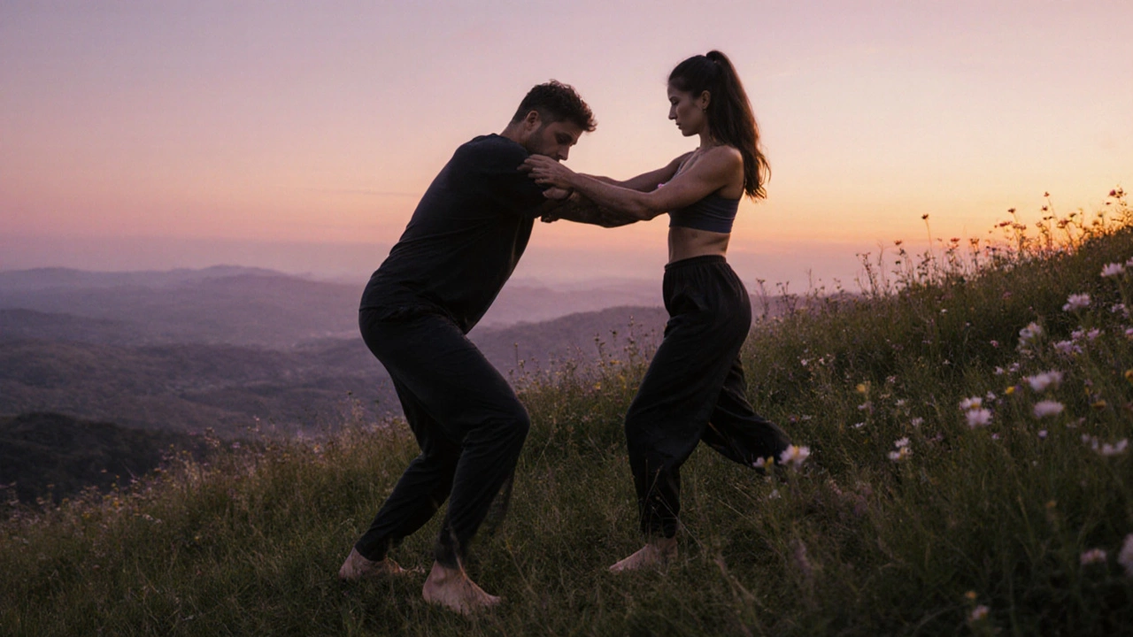 Two people doing a gentle partner stretch on a hillside at sunset, barefoot and connected.