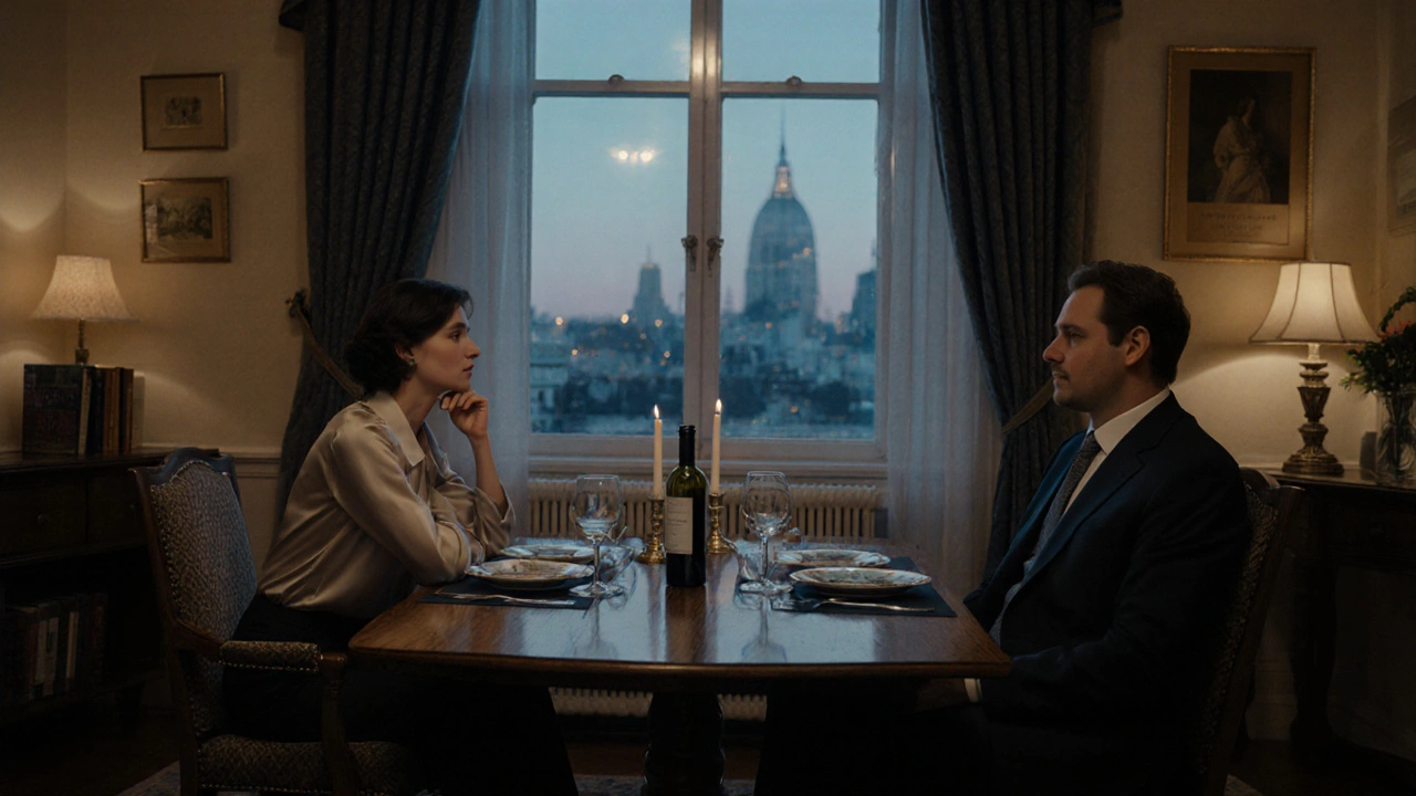 Two people having a quiet dinner in a refined Belgravia apartment, engaged in conversation.