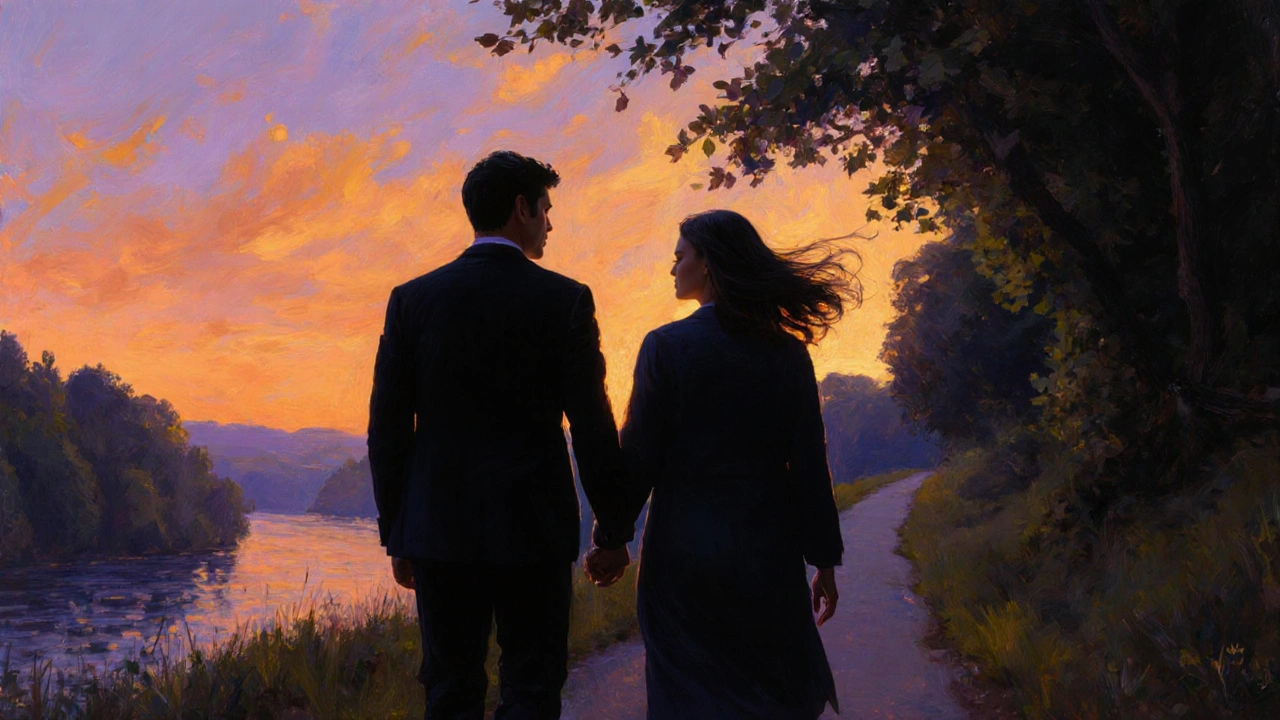 Two people walking peacefully along a scenic gorge at sunset, side by side in silent companionship.