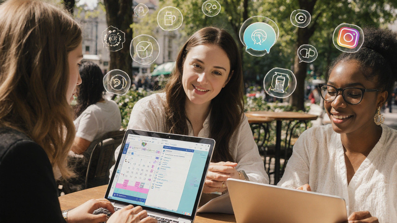 Women in London using digital tools like Canva and Calendly to run their escort businesses, with subtle app icons floating above them.