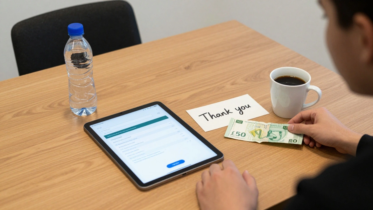 A clean meeting space with a payment confirmation, a £50 tip, and a thank-you note, symbolizing a respectful encounter.