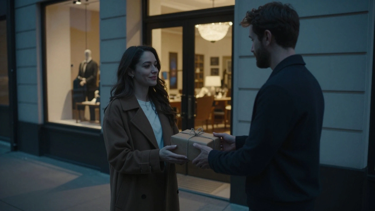 A client gently handing a small gift to an escort at a hotel entrance, evening light fading.
