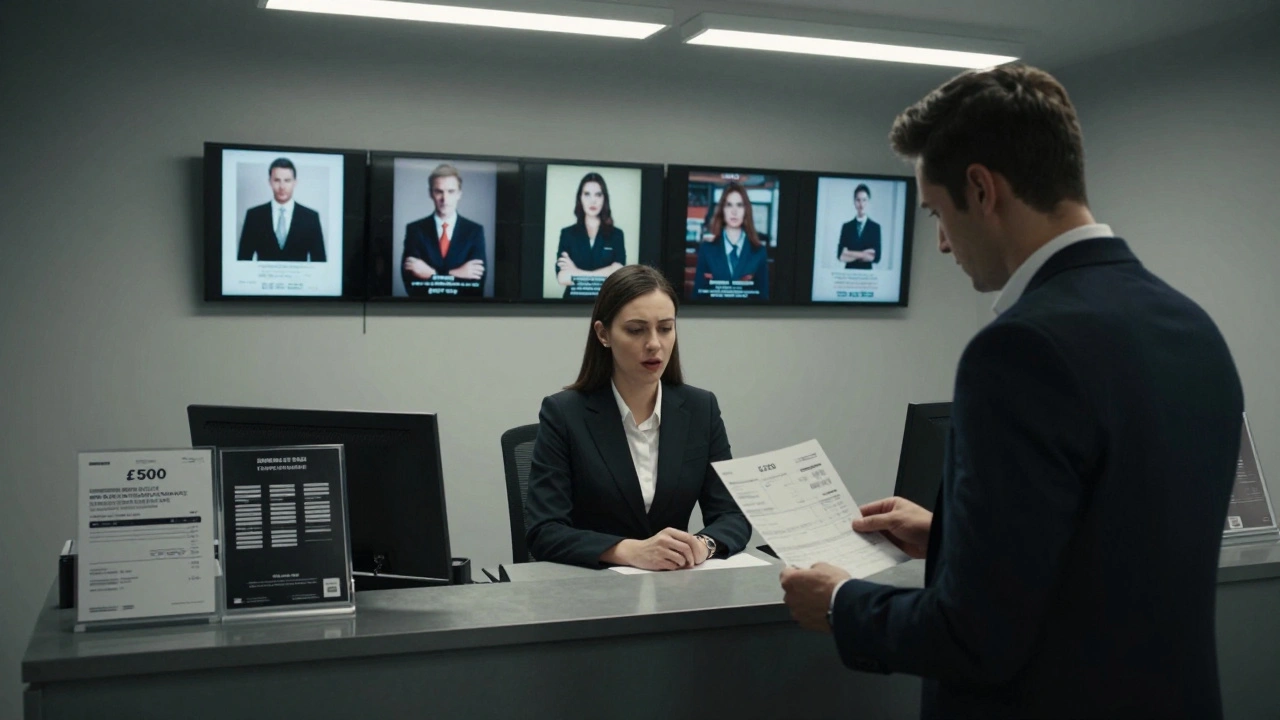 A client in an agency office facing a high-price invoice under harsh office lighting.