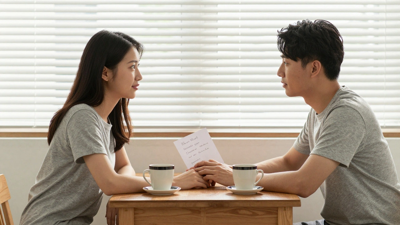 A couple shares coffee and a handwritten note after a session, reconnecting emotionally.