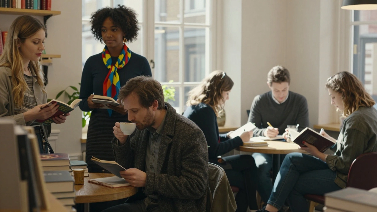A diverse group of women and clients connect quietly in a London bookstore café, sharing space and calm.