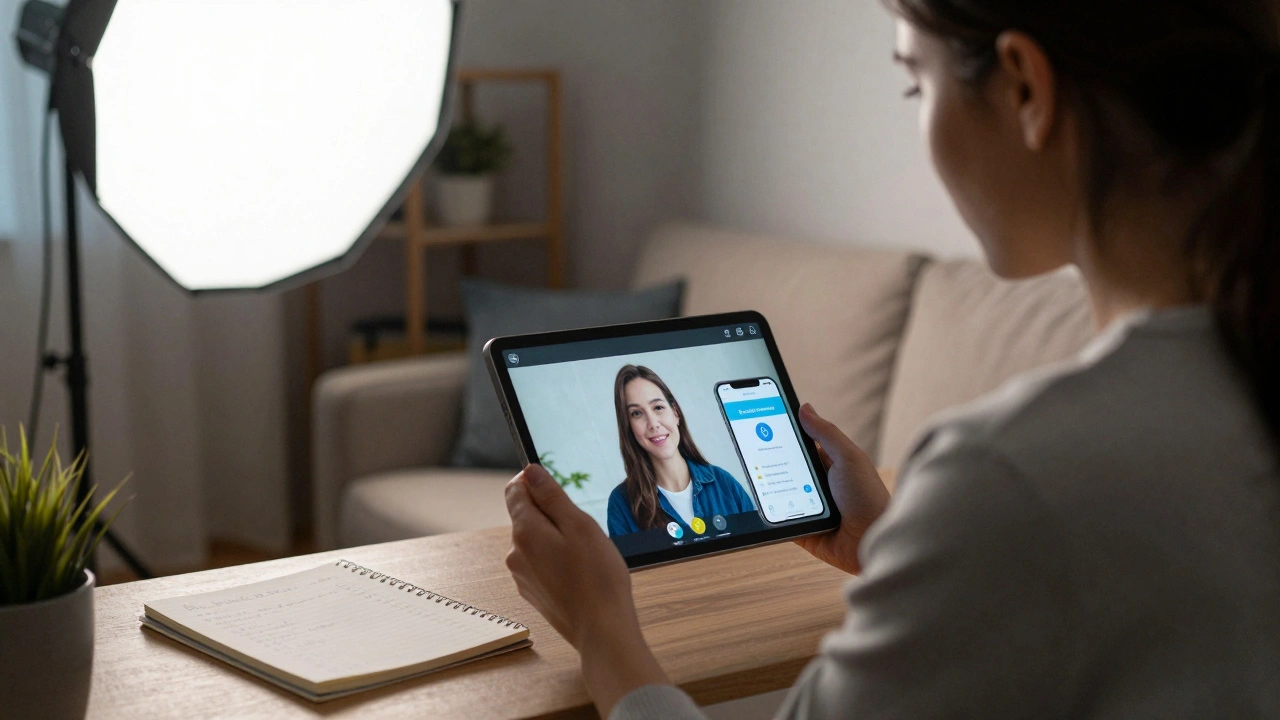 A female escort conducting a video screening with client safety tools visible on screen.