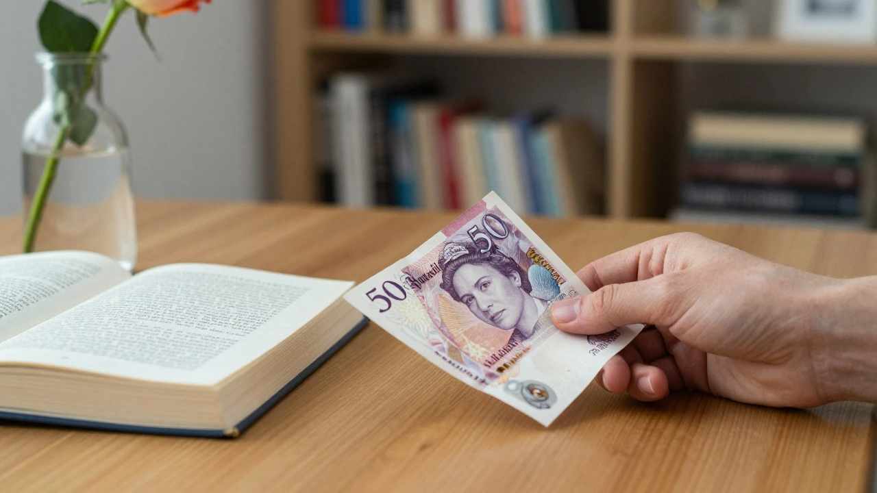 A £50 note placed on a wooden table beside a book and a rose, symbolizing respectful exchange.
